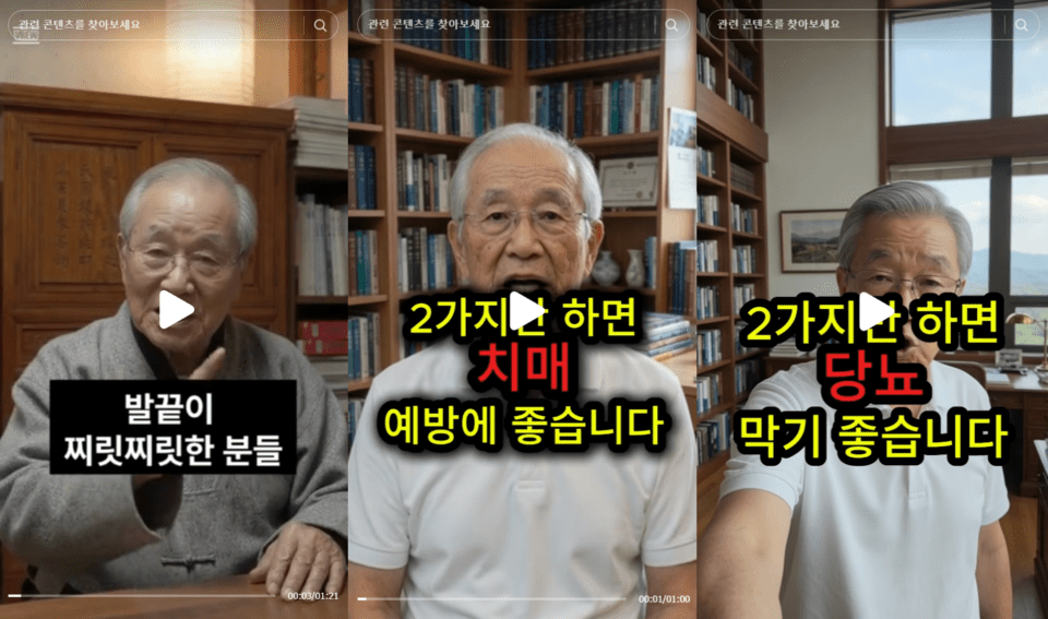 틱톡 #건강정보에 등장하는 AI 콘텐츠들 (관련 화면 캡처)