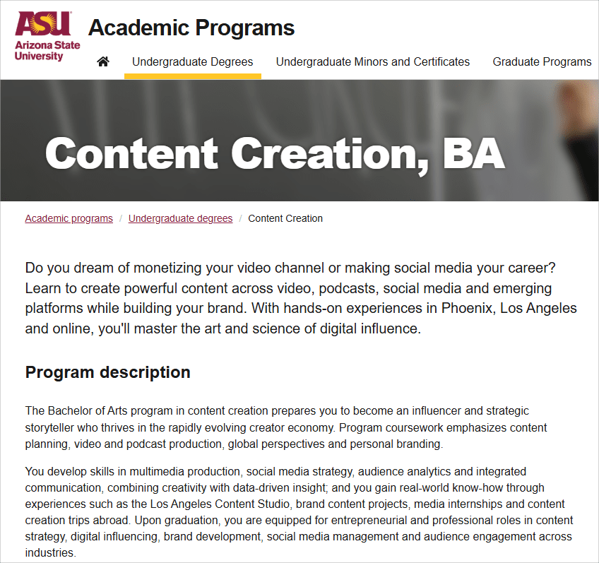 Arizona State University ‘Content Creation, BA’ 소개  (관련 화면 캡처)
