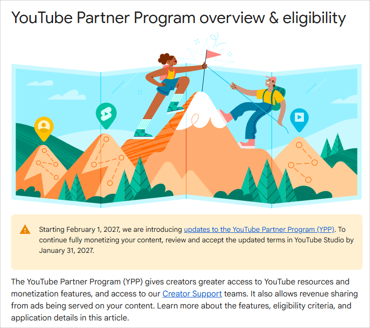 유튜브 파트너 프로그램(YPP·YouTube Partner Program)의 신규 가입 기준을 변경 안내 (관련화면 캡처)