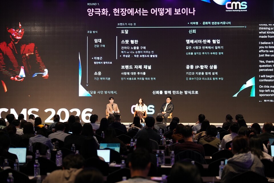 CMS(Content Marketing Summit Seoul) ‘크리에이터, 매체에서 파트너로: 양극화 시대의 브랜드 투자 전략’ 세션에 주성균 사단법인 글로벌인플루언서협회 대표, 차병곤 샌드박스네트워크 대표이사, 이하영 Spotify Korea PR & Communications Lead가 강연자로 무대에 올았다.